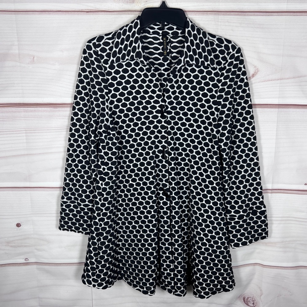 IC by Connie K Tunic Shirt Womens Small Black White Polka Dot Textured Toggle